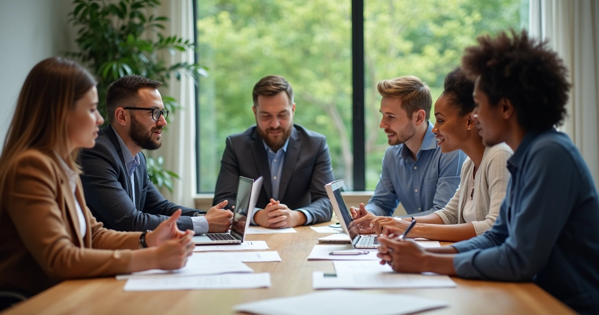Reunião de profissionais de diferentes empresas dialogando em torno de uma mesa, simbolizando colaboração e valores compartilhados 