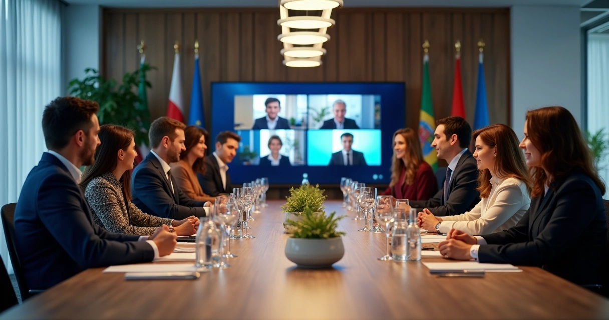 Empresários fechando parceria global apertando mãos em mesa de reunião virtual