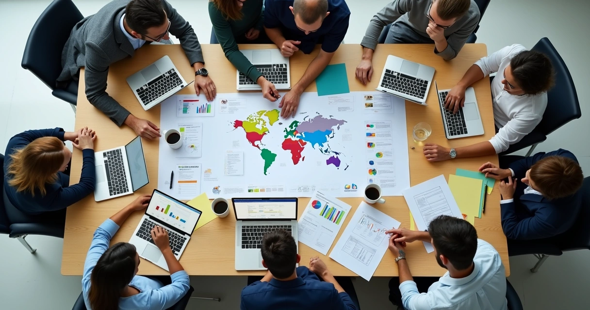Equipe de marketing e vendas colaborando em uma mesa com gráficos 