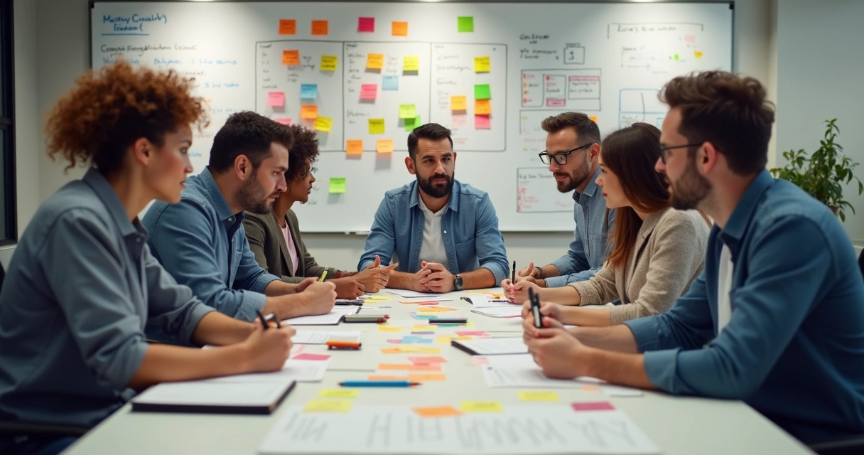 Equipe diversa e reunida em torno de uma mesa, com quadros brancos e post-its coloridos ao fundo, discutindo ideias em um ambiente colaborativo moderno 