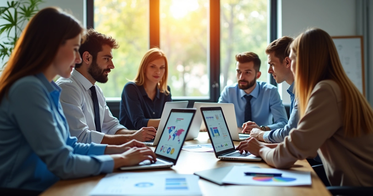 Equipe de negócios analisando painel de dados juntos em notebooks 