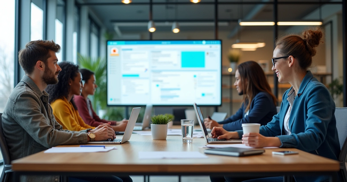 Equipe colaborando em escritório moderno usando Bitrix24 em notebooks 