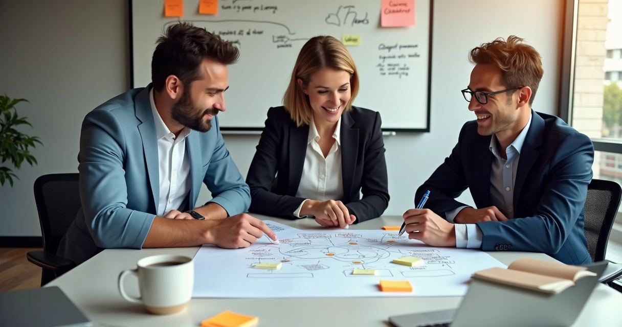 Três pessoas em sala de reunião colaborando ativamente por nova estratégia 