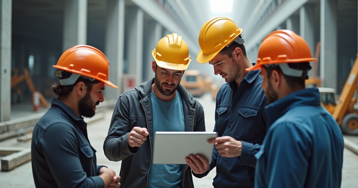 Equipe colaborando em obra com tablets e capacetes, área de construção ao fundo 