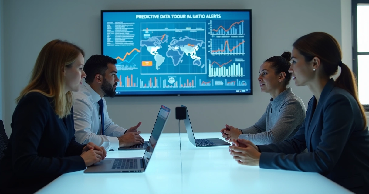 Equipe colaborando ao redor de um painel de dados preditivos