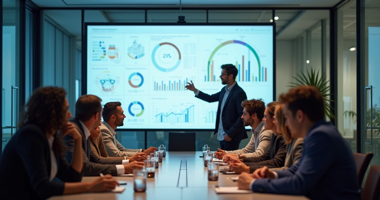 Equipes reunidas analisando painel interativo de métricas empresariais 