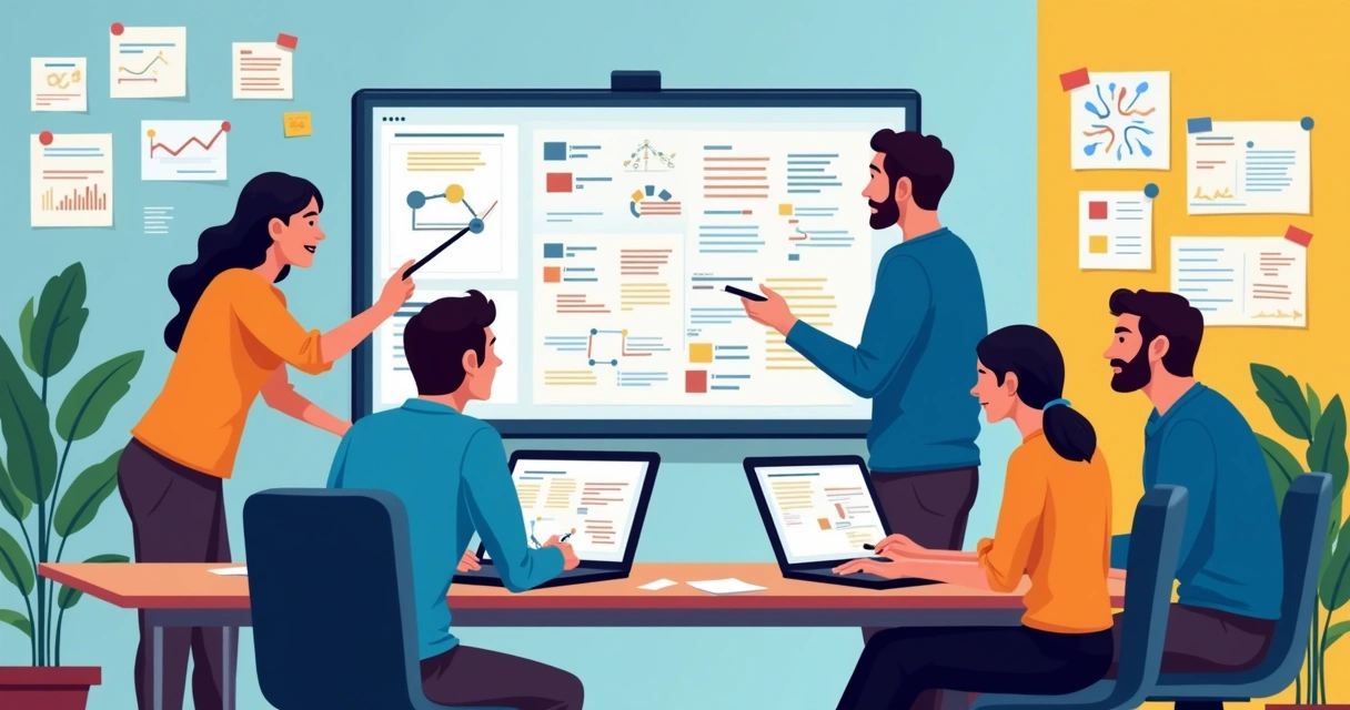 Time de desenvolvedores revisando diagramas em telas 