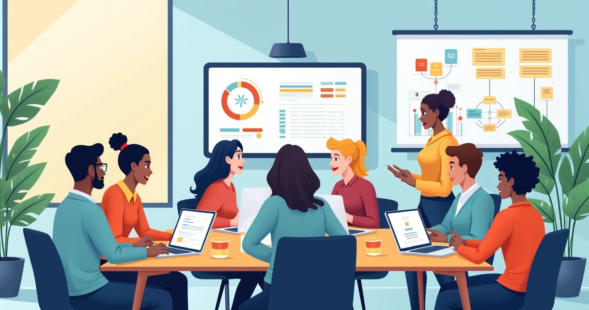 Equipe colaborando em escritório digital com notebooks e quadros ágeis 