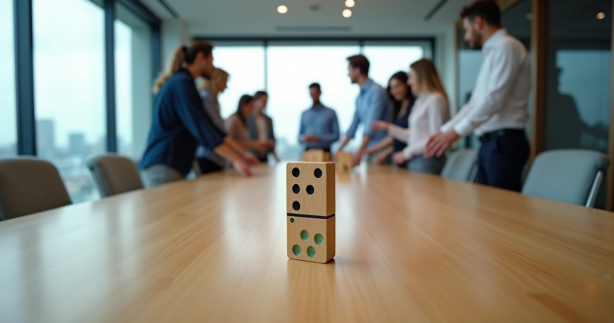 Equipe colaborando diante de peças de dominó equilibradas em uma mesa longa 