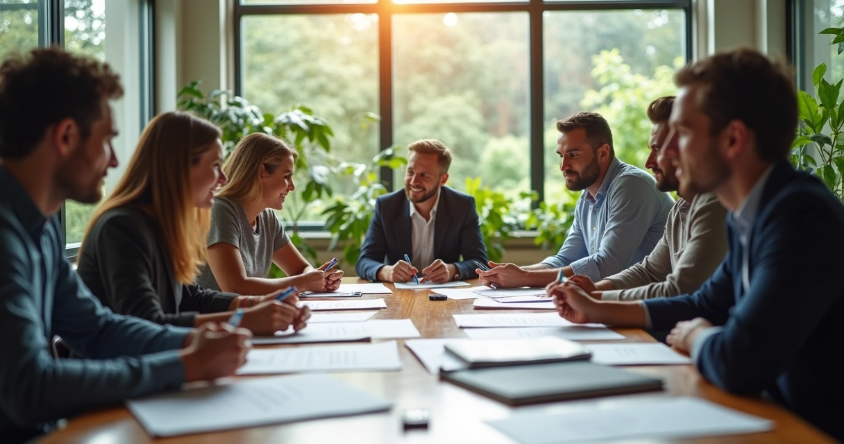 Colaboradores sentados em uma mesa de reunião compartilhando ideias 