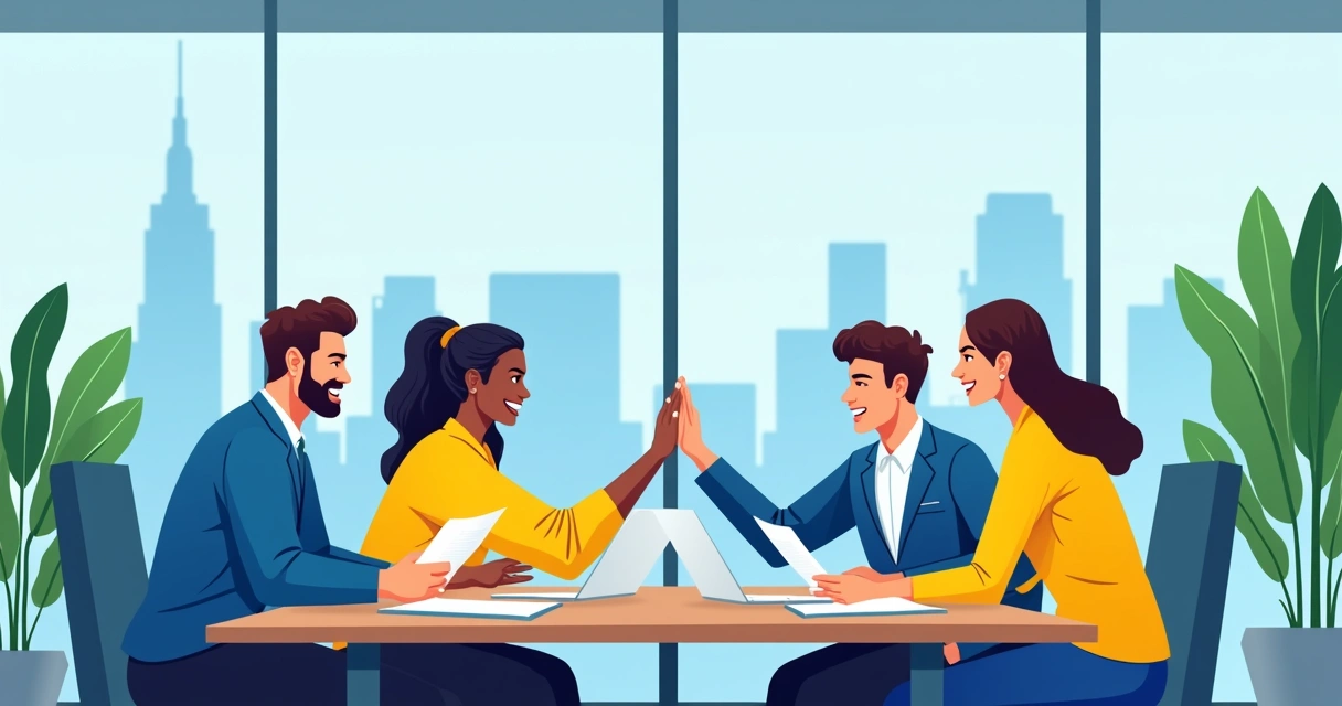 Equipe de escritório colaborando e feliz 