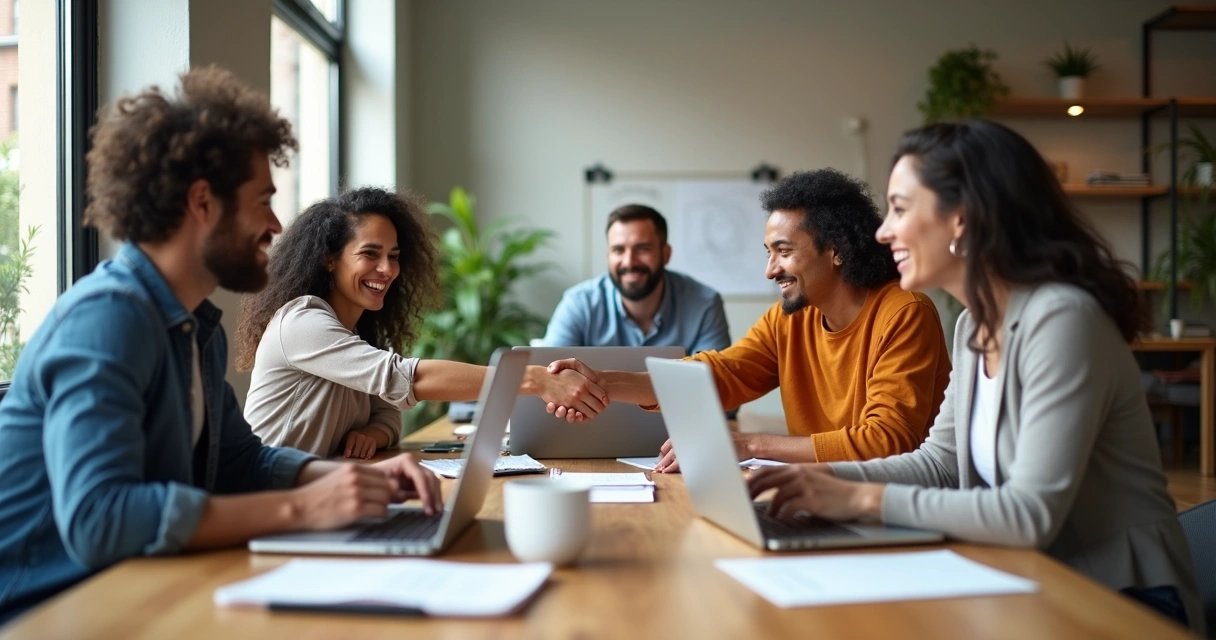 Equipe diversificada colaborando em um ambiente de trabalho acolhedor 