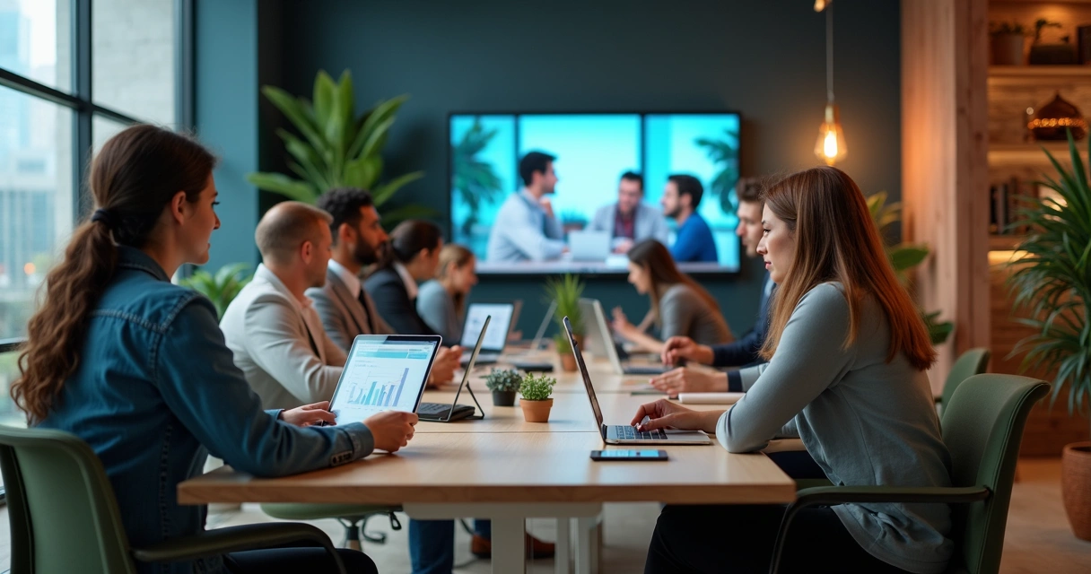 Profissionais colaborando em ambiente híbrido 