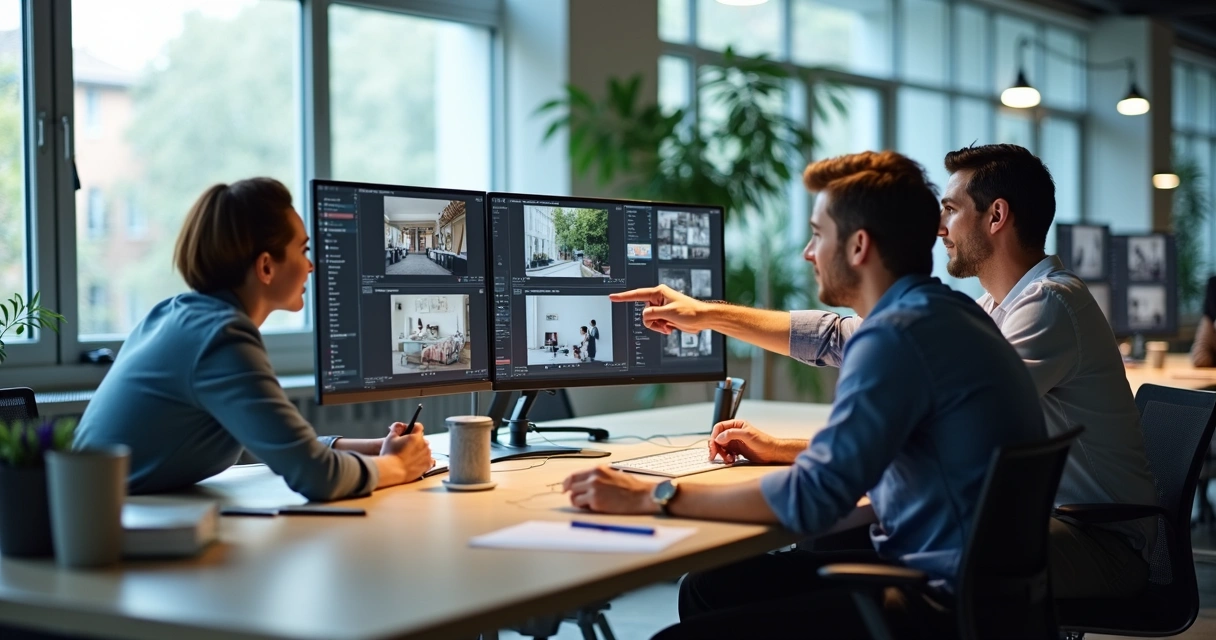 Equipe de edição de fotos reunida analisando imagens em monitores em um escritório iluminado 