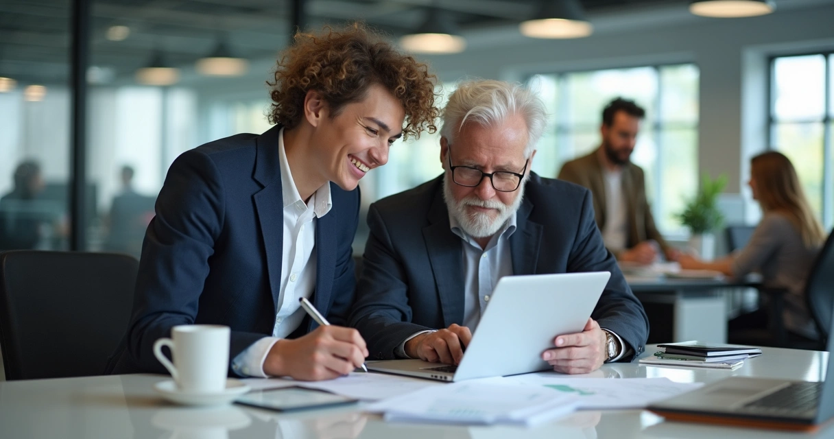 Profissionais jovens e seniores colaborando em ambiente corporativo 
