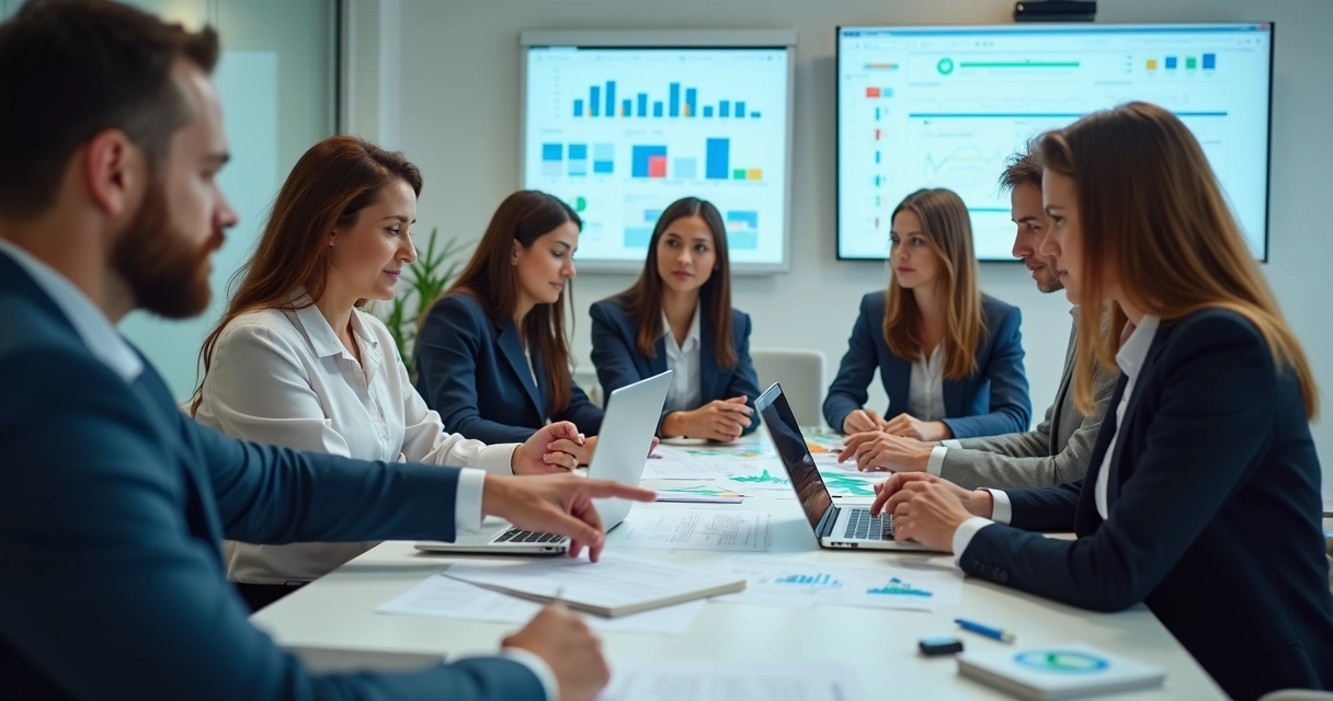 Equipe reunida em volta de uma mesa analisando dados de contratos de serviço em notebooks 