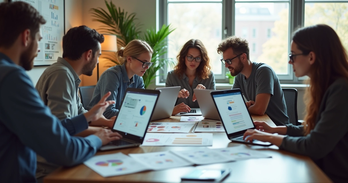 Equipe reunida ao redor de uma mesa com computadores analisando influenciadores 