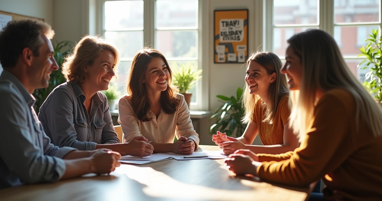 Equipe de trabalho unida, trocando ideias de maneira respeitosa em um escritório iluminado 