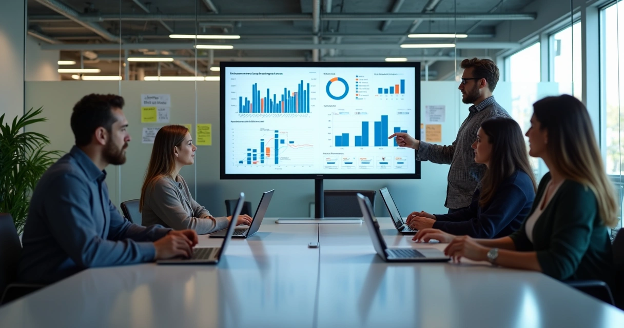 Equipe de marketing B2B discutindo estratégias com gráficos e computadores modernos 