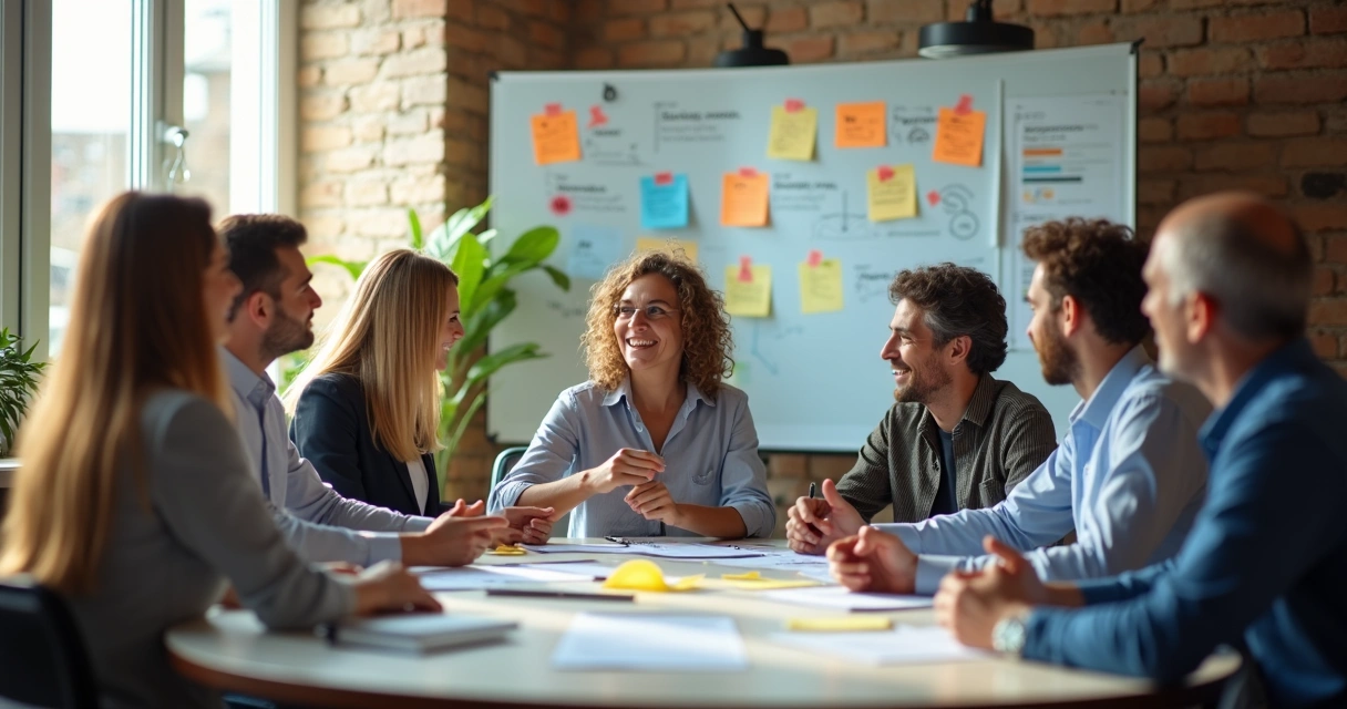 Equipe de trabalho reunida em círculo debatendo metas e ideias 