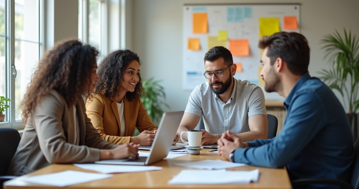 Time multicultural em volta de uma mesa com laptops, papeis e cafés