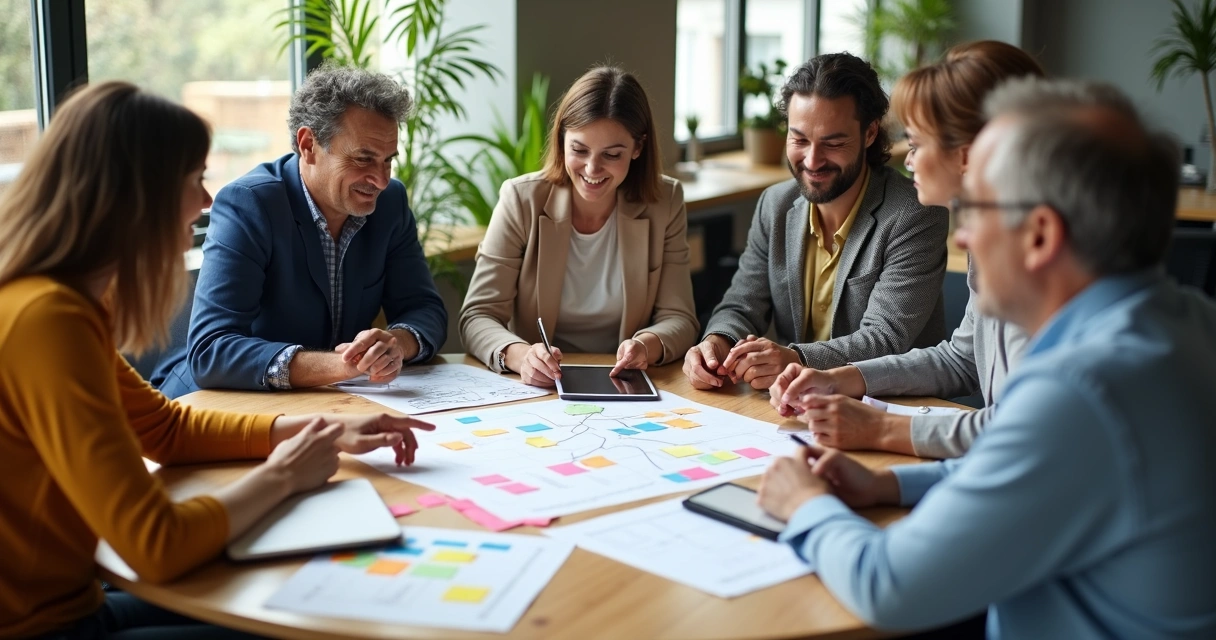 Equipe reunida em mesa redonda discutindo um objetivo comum 