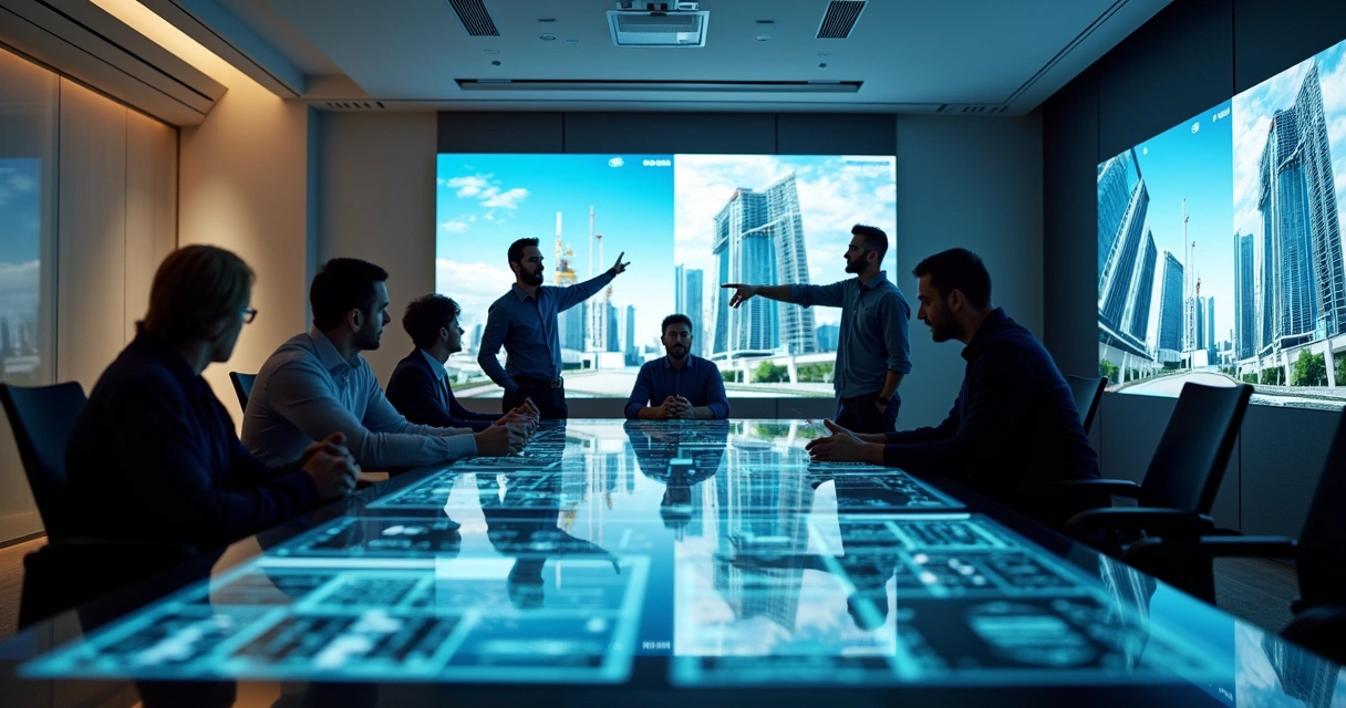 Equipe de construção civil analisando painéis com imagens e dados de obra vertical em grande sala de reunião high-tech 