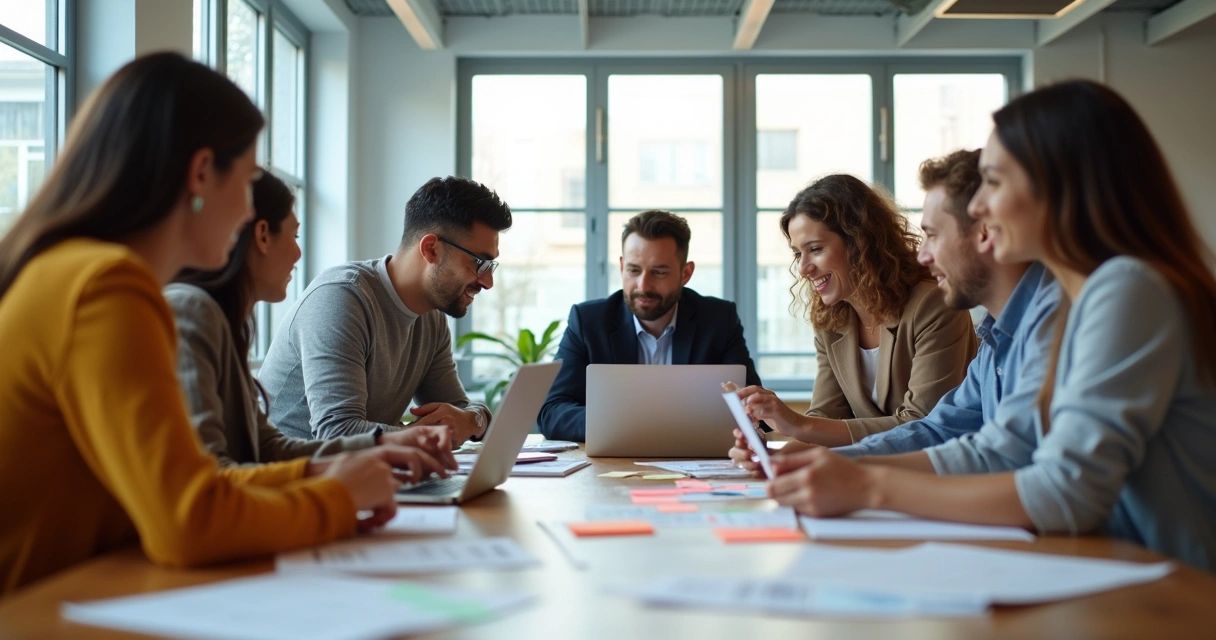 Equipe reunida ao redor de uma mesa, colaborando em um projeto de trabalho 