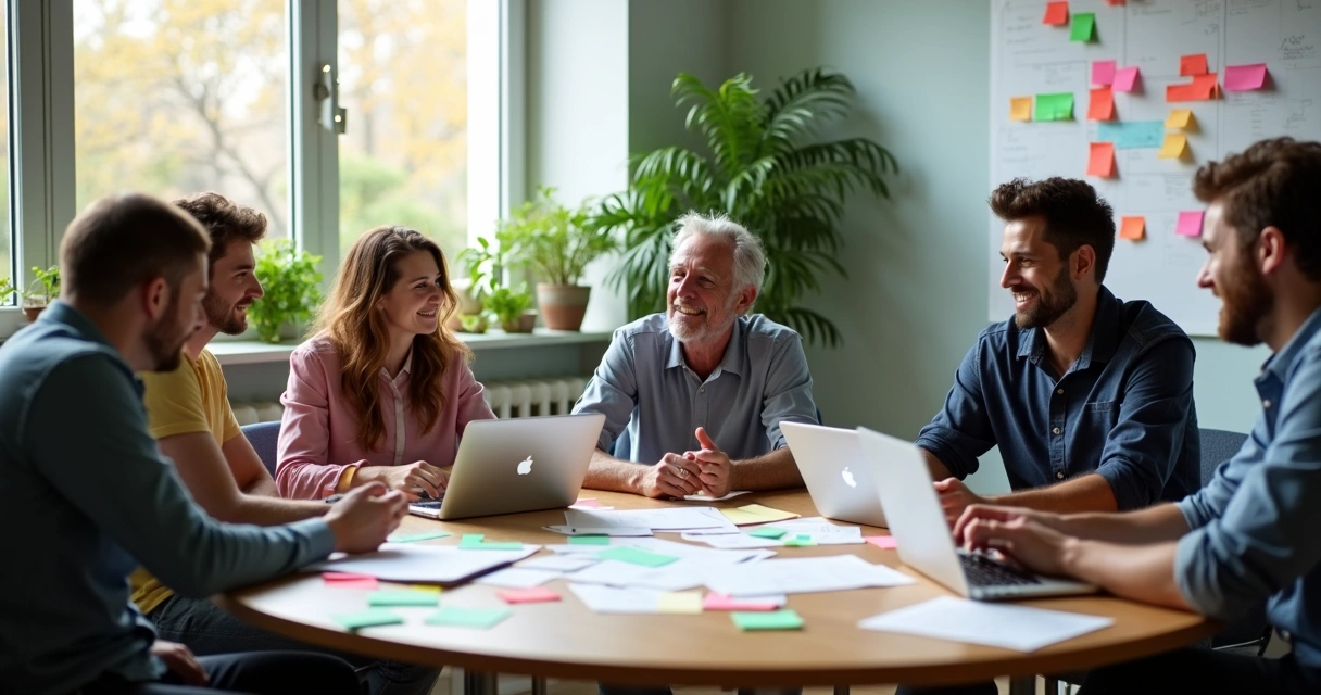 Equipe de pessoas sentadas em roda colaborando em um projeto 