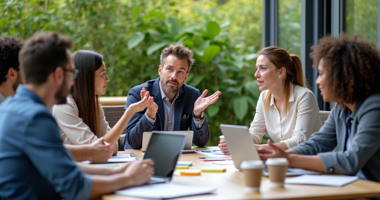 Equipe reunida em mesa externa discutindo projetos com expressões atentas e colaborativas 