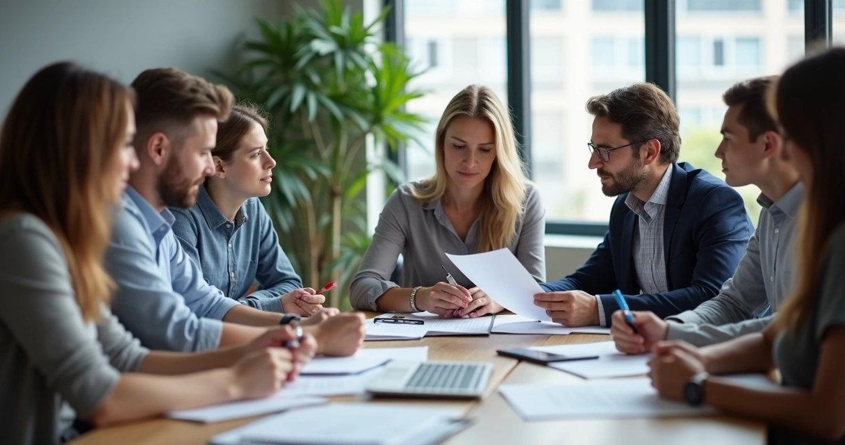 Profissionais discutindo juntos ao redor de uma mesa, foco nas interações e olhares atentos 