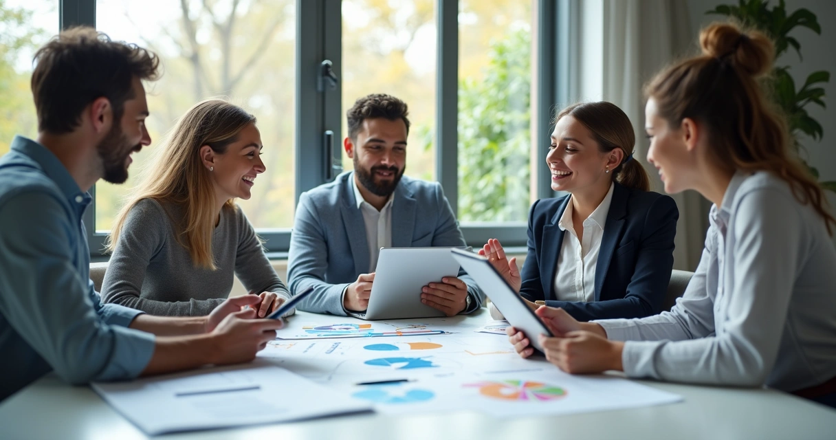 Equipe colaborando em volta de uma mesa com tablets, anotações e gráficos digitais