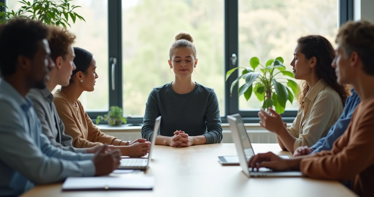 Equipe colaborando em uma mesa de escritório, com expressão serena e atenta. 