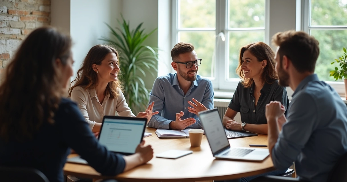 Equipe colaborando em uma mesa de reunião, demonstrando conexão e comunicação. 