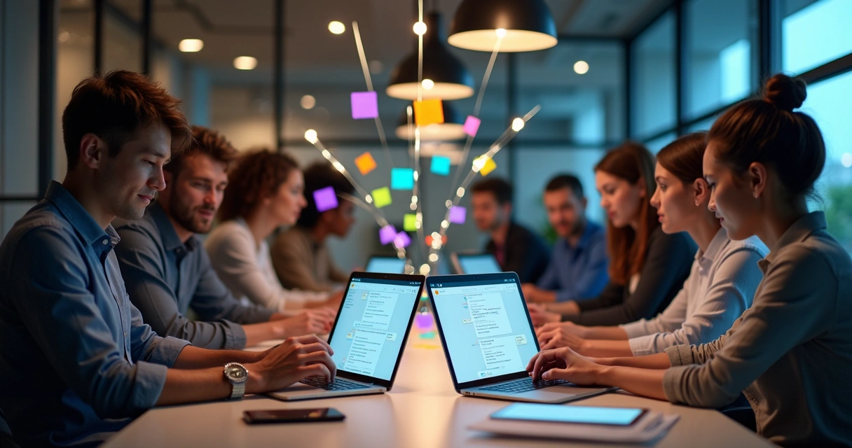 Equipe diversa trabalhando colaborativamente em projetos digitais 