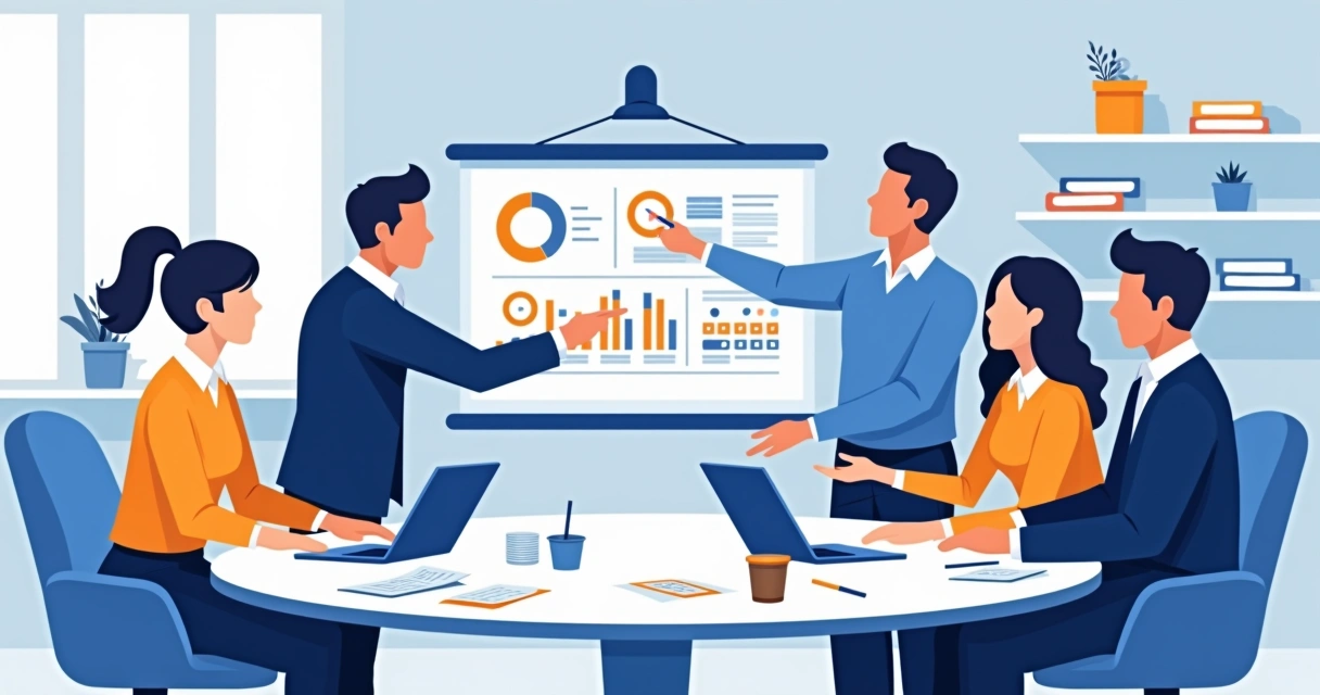 Equipe de agência colaborando em grande mesa de trabalho 