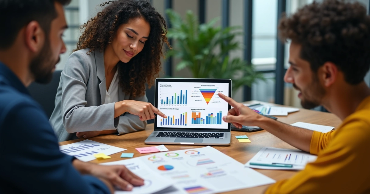 Três pessoas de marketing, vendas e sucesso do cliente discutem gráficos em uma mesa de reunião