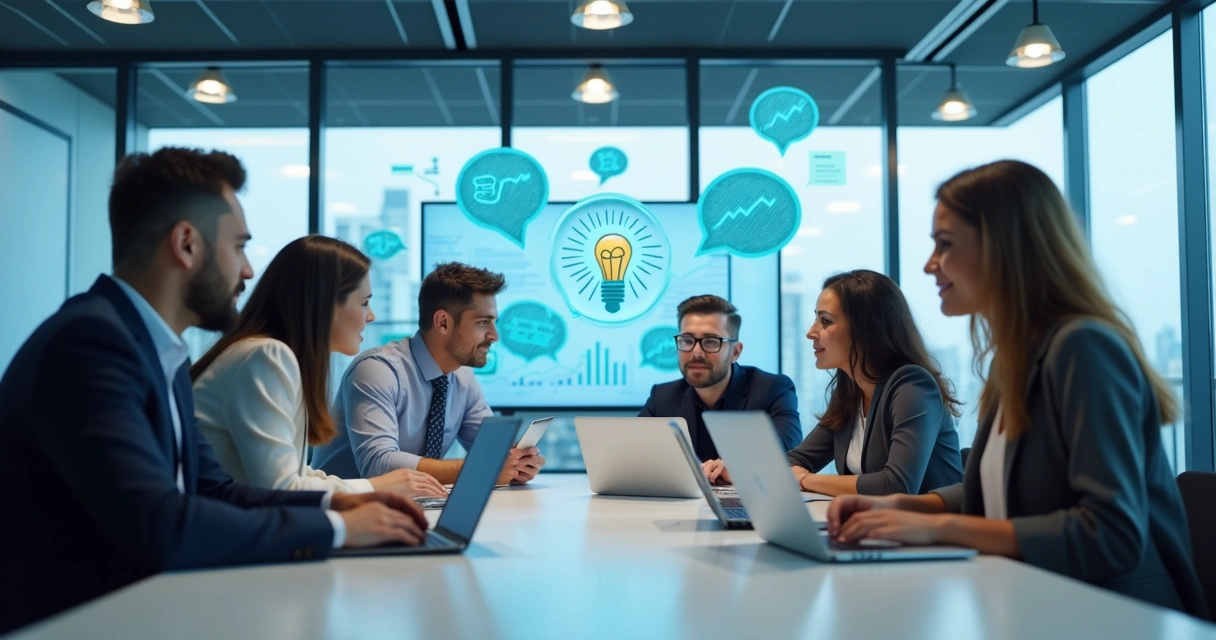 Equipe reunida com computadores trocando ideias, balões de diálogo e gráficos de desempenho em tela. 