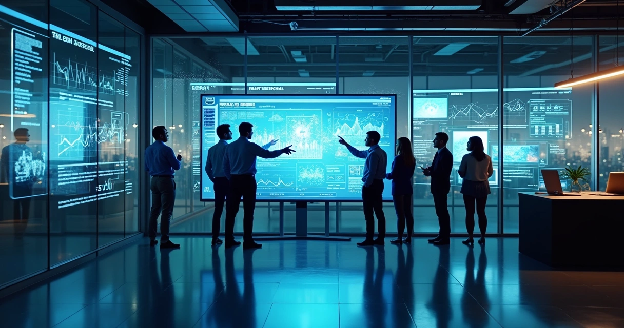 Equipes de tecnologia colaborando com dados em telas interativas 