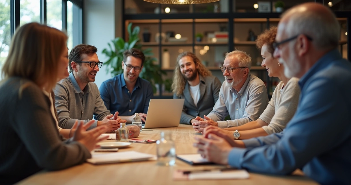 Pessoas de diferentes idades trabalhando juntas em reunião 