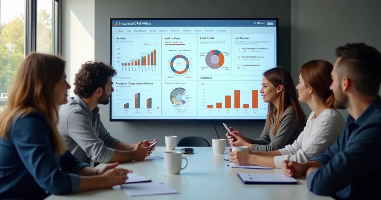 Equipes colaborando ao redor de tela mostrando CRM integrado 