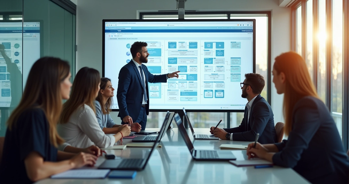Reunião entre equipes de marketing, vendas e produto em sala de reunião