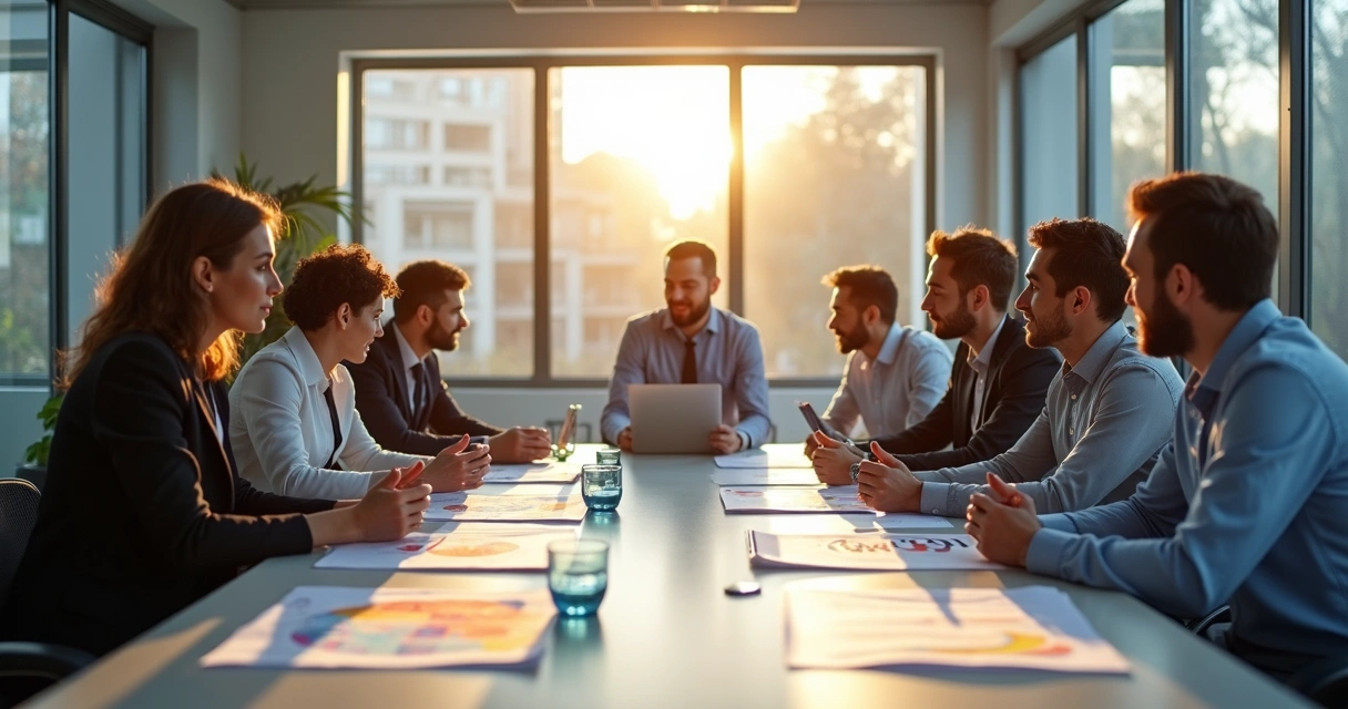 Colaboração entre equipes em uma sala de reunião corporativa