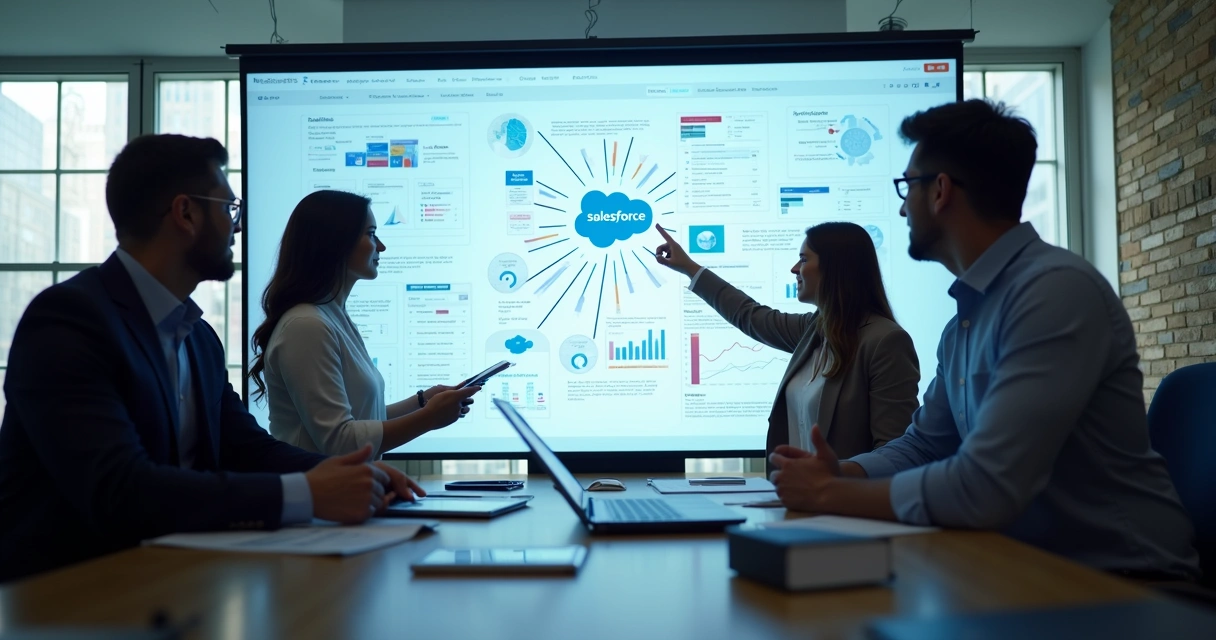 Equipe multifuncional colaborando ao redor de uma tela com Salesforce 