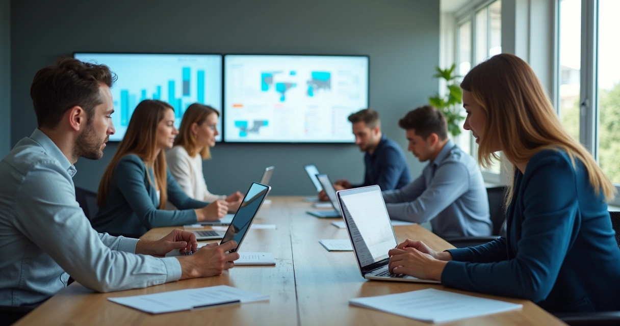 Pessoas trabalhando em conjunto com computadores e tablets na mesma mesa de escritório 