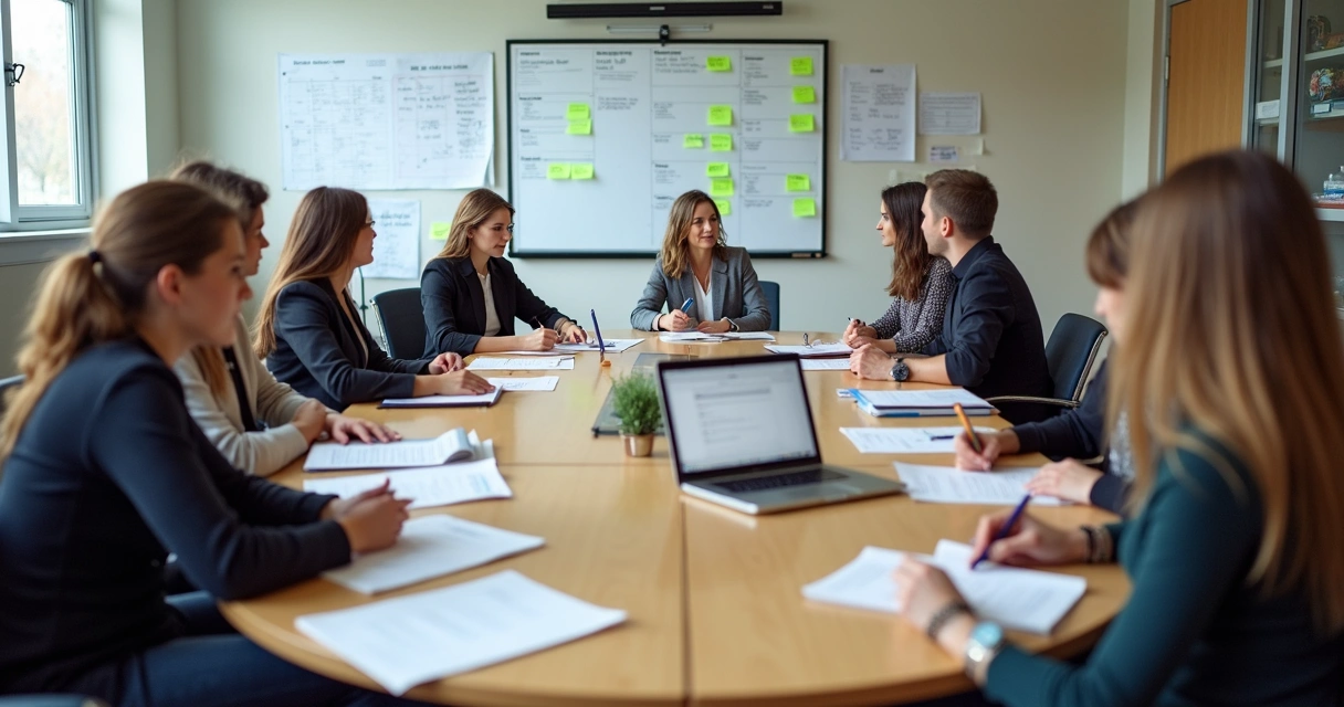 Professores e gestores reunidos ao redor de uma mesa discutindo planos de aula na escola