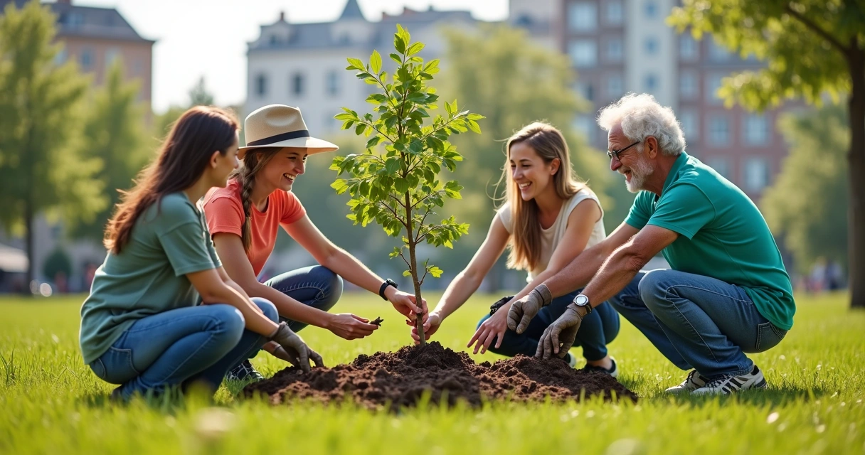 Jovens e pessoas mais velhas colaborando em projeto ao ar livre