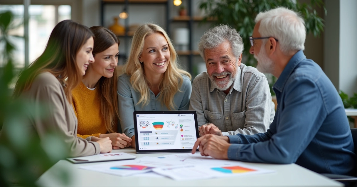 Equipe multigeracional reunida em mesa discutindo projeto 