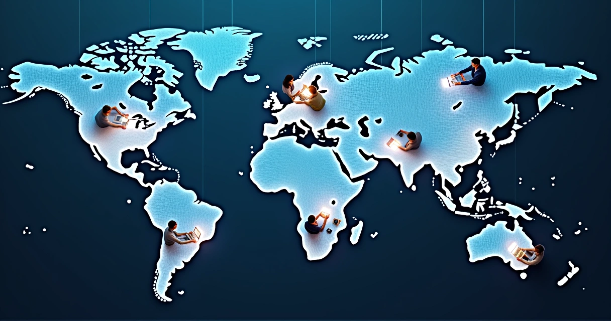 Pessoas em diferentes localidades conectadas por linhas digitais em mapa mundial 
