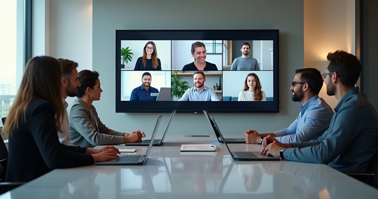 Equipe multicultural reunida em videoconferência, laptops abertos, compartilhando documentos em tela 